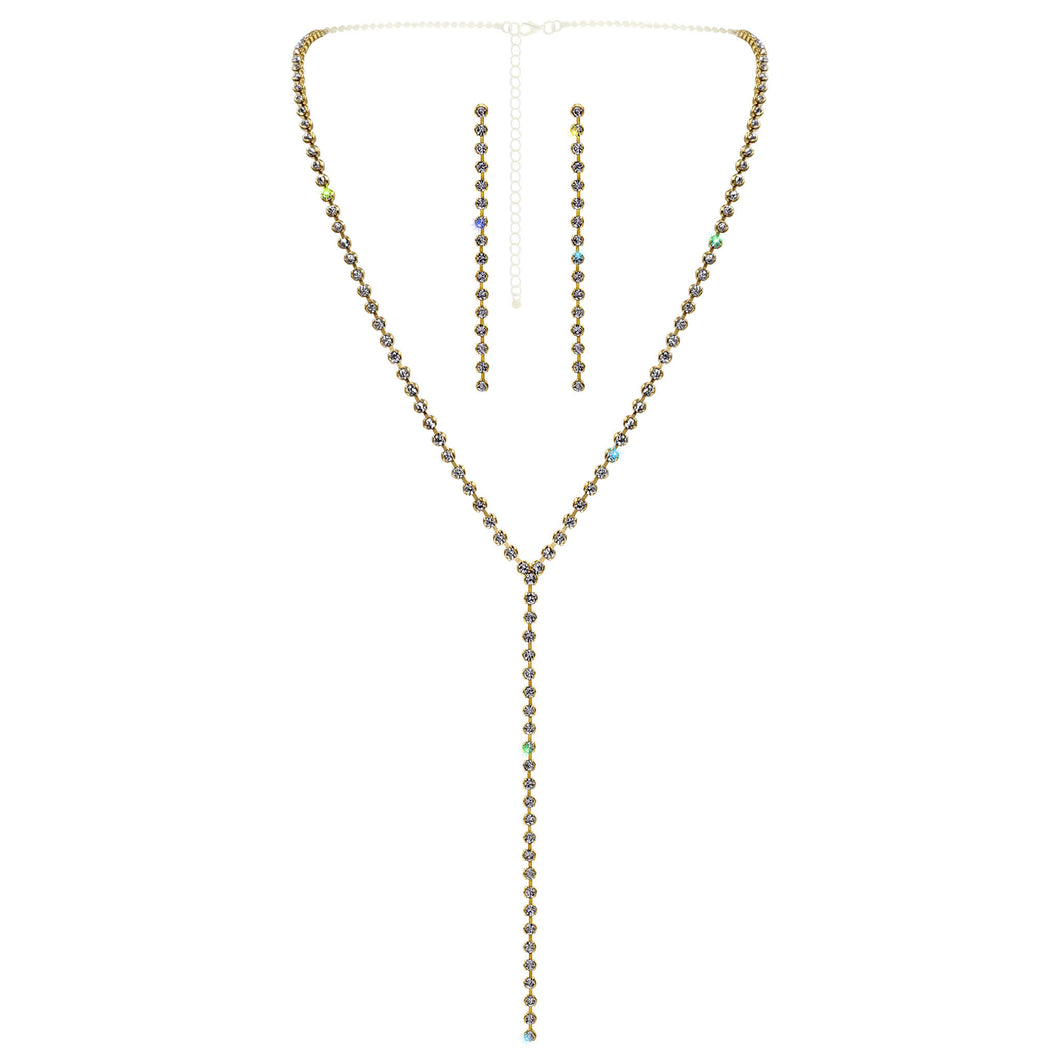 #17529G - Rhinestone Chain Drop Y-Necklace Set - Gold Plated
