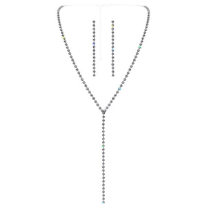 #17529S - Rhinestone Chain Drop Y-Necklace Set - Silver Plated
