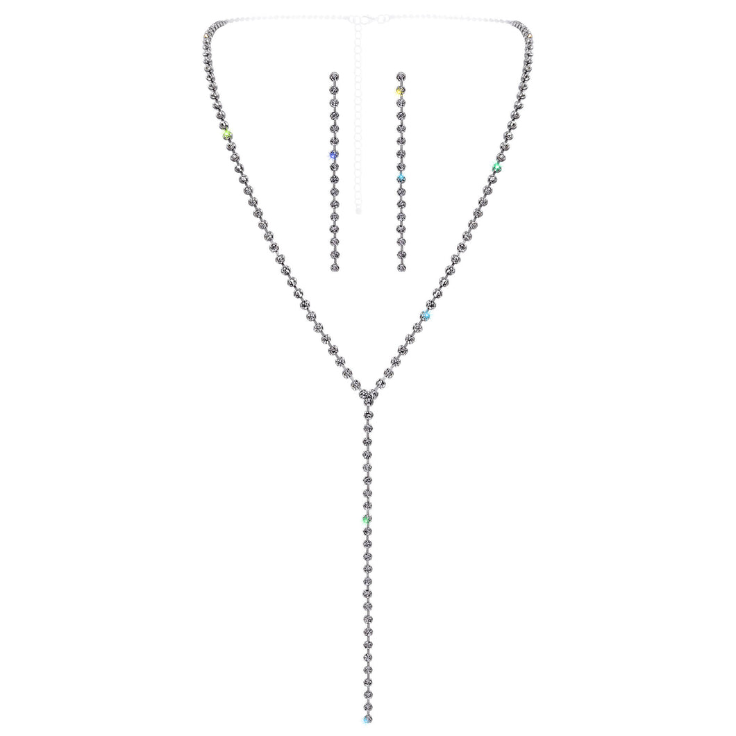 #17529S - Rhinestone Chain Drop Y-Necklace Set - Silver Plated