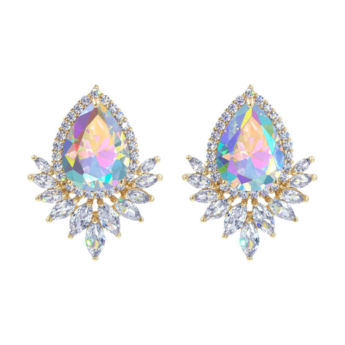 Earrings - Button #17454ABG - Feathered Pear CZ Earring AB Gold