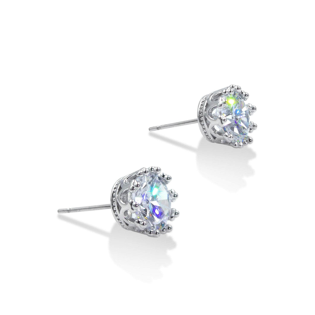 Earrings - Dangle #17568 - Vintage-Style Crown Setting Cubic Zirconia Stud Earrings - 8mm