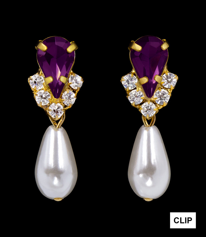 #5538AMYGCLIP - Rhinestone Pear V Pearl Drop Earrings - Amethyst Gold Plated - Clip