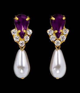 #5538AMYG - Rhinestone Pear V Pearl Drop Earrings - Amethyst Gold Plated