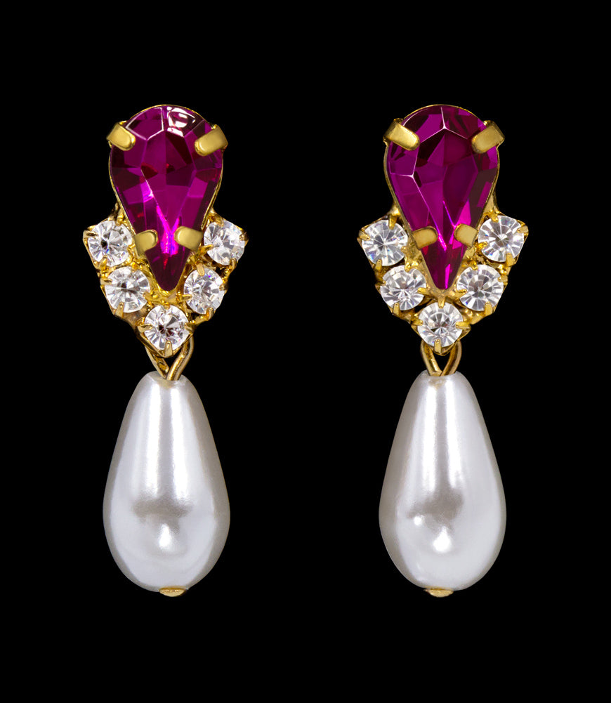 #5538FUCHG - Rhinestone Pear V Pearl Drop Earrings - Fuchsia Gold Plated