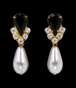 #5538JETG - Rhinestone Pear V Pearl Drop Earrings - Jet Gold Plated