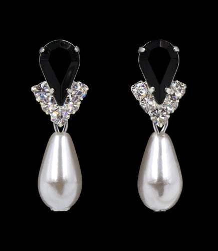 #5538JETS - Rhinestone Pear V Pearl Drop Earrings - Jet Silver Plated