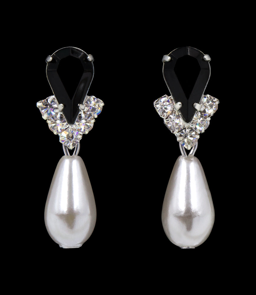 #5538JETS - Rhinestone Pear V Pearl Drop Earrings - Jet Silver Plated