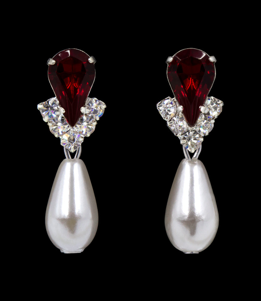 #5538RUBYS - Rhinestone Pear V Pearl Drop Earrings - Ruby Silver Plated