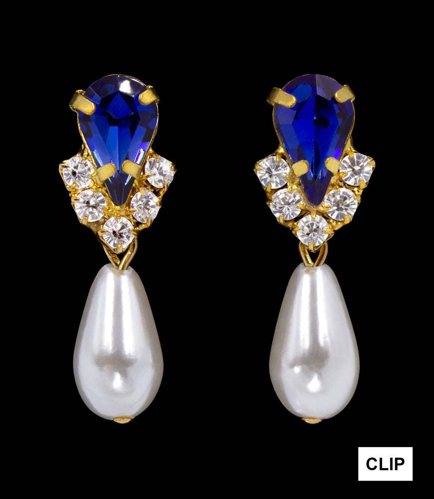 5538SAPHG CLIP - Rhinestone Pear V Pearl Drop Earrings - Sapphire Gold Plated - Clip