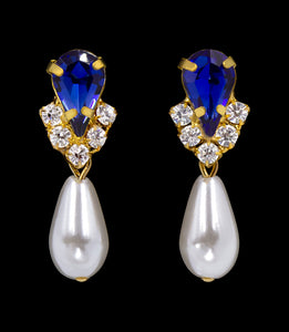 #5538SAPHG - Rhinestone Pear V Pearl Drop Earrings - Sapphire Gold Plated