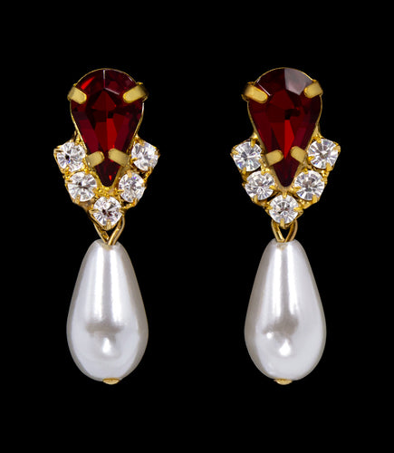 #5538SIAMG - Rhinestone Pear V Pearl Drop Earrings - Siam Gold Plated