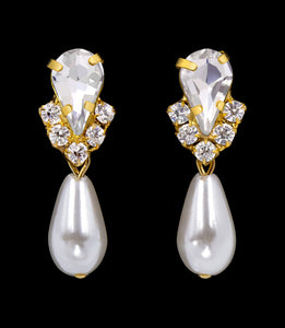 #5538XG - Rhinestone Pear V Pearl Drop Earrings - Crystal Gold Plated